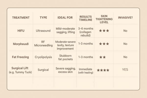 Table showing the comparisons of Skin tightening Greater London (Hounslow) treatment options.